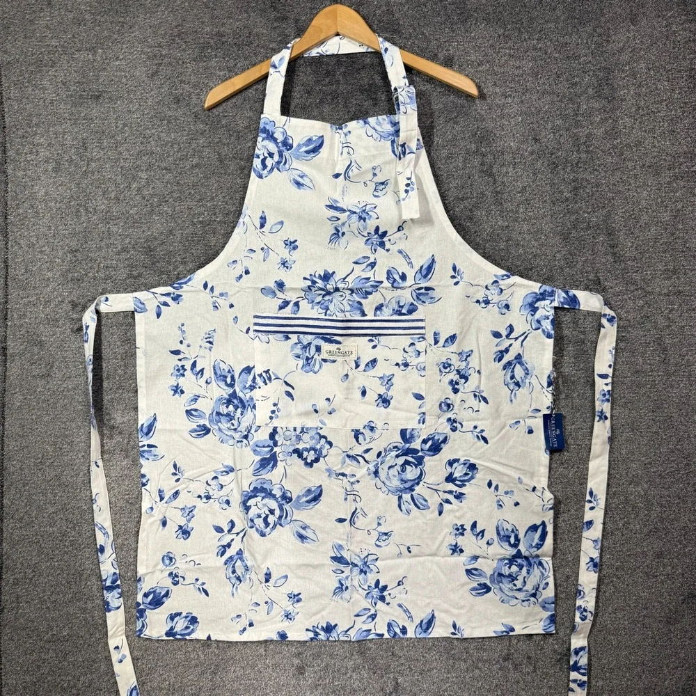 GreenGate Amanda Indigo Floral Cotton Apron Blue White Rose One Size NWT